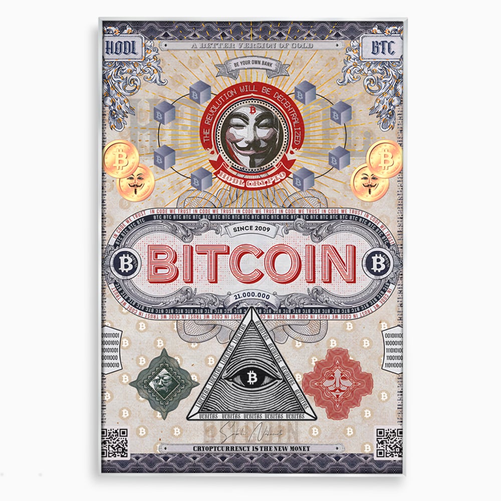Tablou canvas cu ilustratie digitala cu tema bitcoin si criptomonede, in rama de aluminiu argintiu